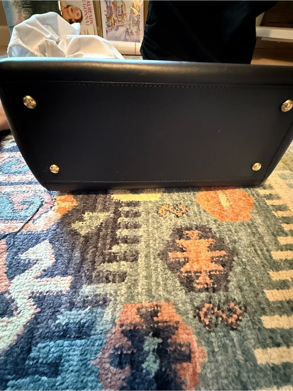 Auth Fendi Dotcom Black Leather Studded Top-Handle Bag
